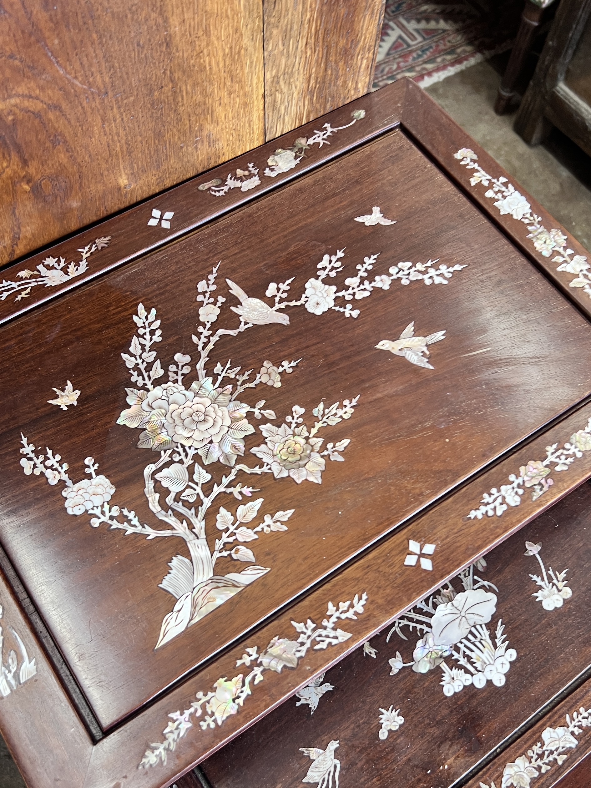 A quartetto of Chinese mother of pearl inlaid rectangular hardwood tea tables, width 51cm, depth 36cm, height 66cm